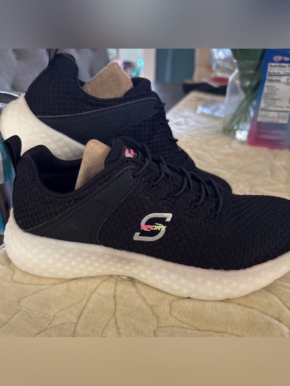 Skechers Women's Black Knit Lace-Up Sneakers with White Sole